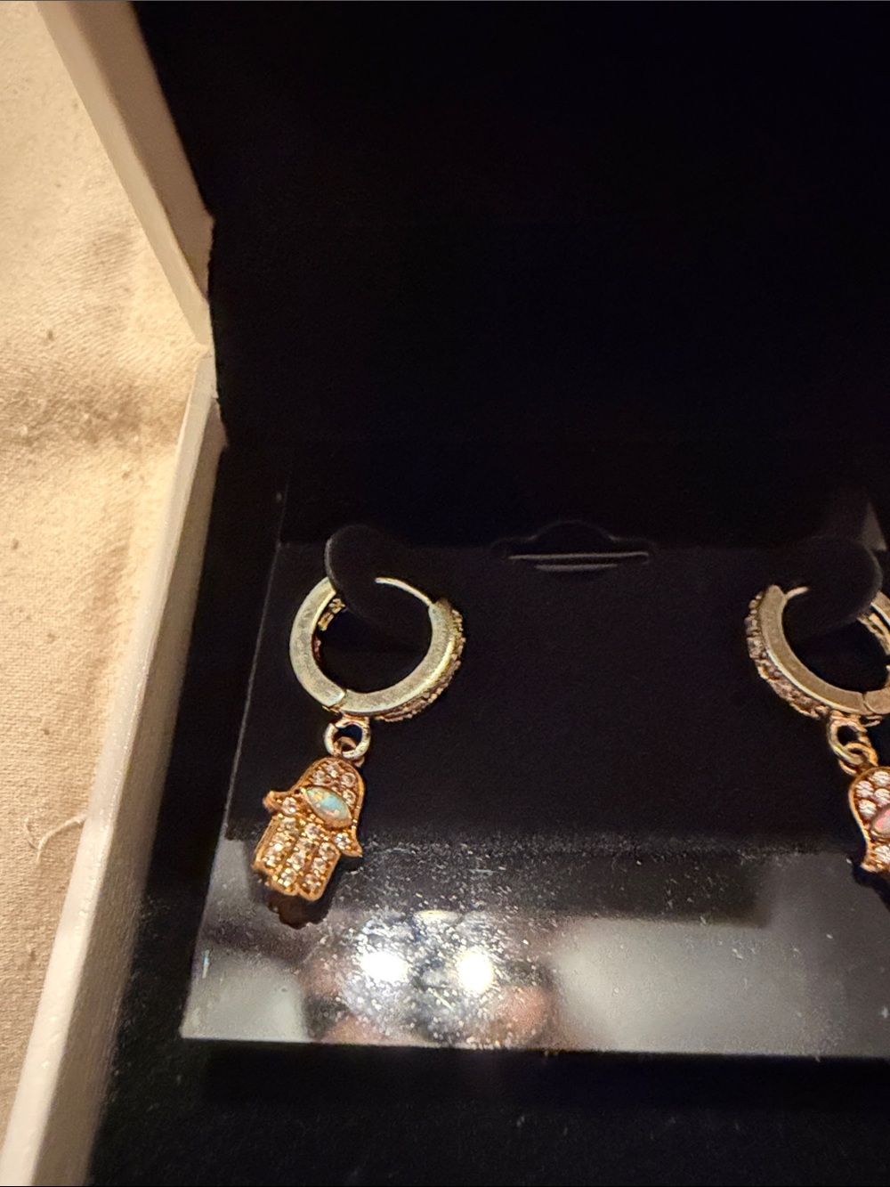 Gold Hamsa Charm Hoop Earrings with Crystal Accent - Women's Jewelry - Picture 2 of 6